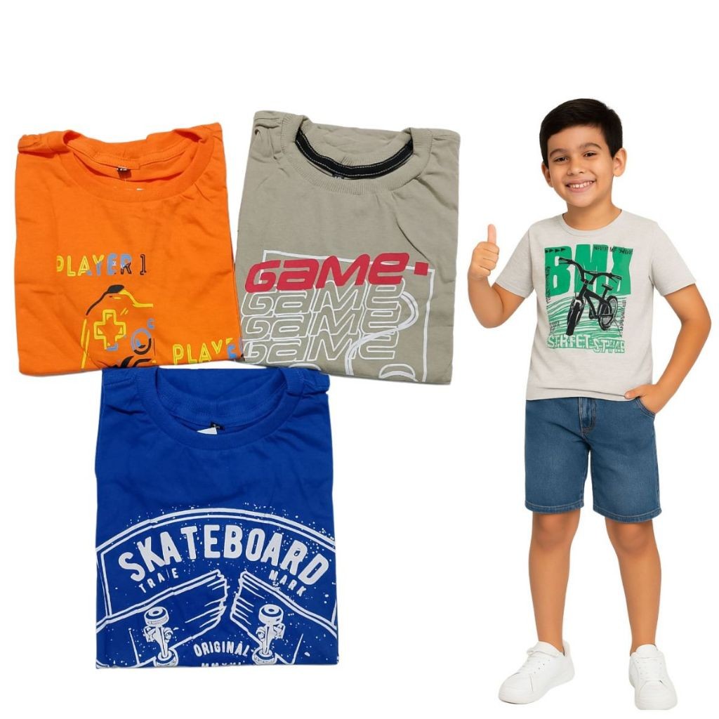 Kit 3 camisetas Camisas Blusa Menino manga curta infantil 10 ao 16 cores e estampa variadas