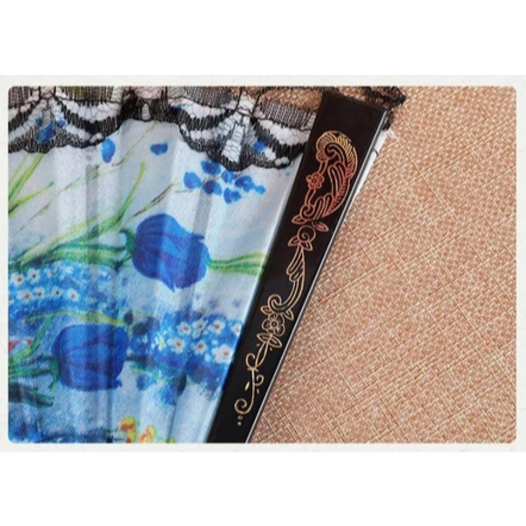 Leque PRETO de Tecido Estampado Plastico e Renda perfeito