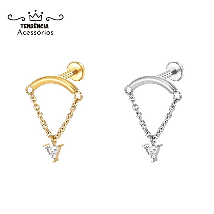 Piercing Labret Conch Aço Cirúrgico Pvd Curvo Com Corrente Zircônia Orelha em Oferta na Shopee