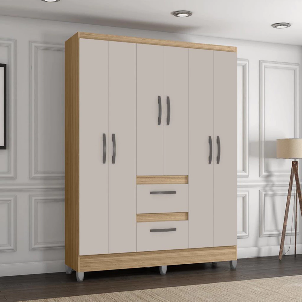 Guarda Roupa Solteiro com Pés 6 Portas 2 Gavetas Capri Poquema