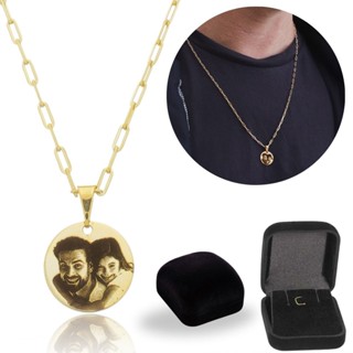 colar cordão masculino pingente medalha com foto gravação personalizado banhado a ouro presente em Oferta na Shopee