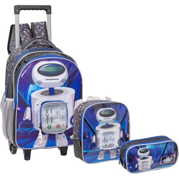 Kit Escolar Infantil Mochila de Rodinha Lancheira e Estojo Space Wars Astronauta Yepp