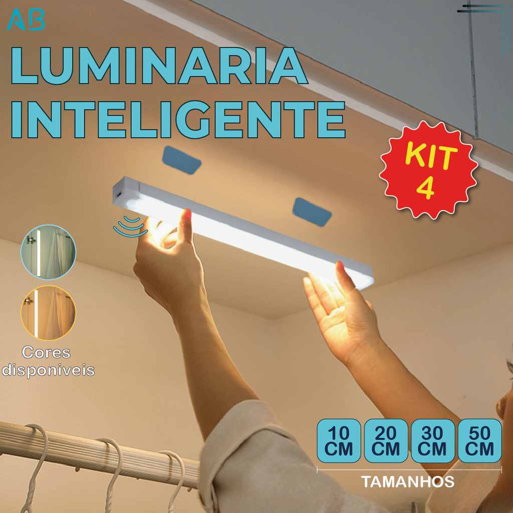 Smart Luminária Inteligente Ultra LED com sensor de movimento sem fio e Recarregável USB fino barra 10/20/30/50cm em Oferta na Shopee