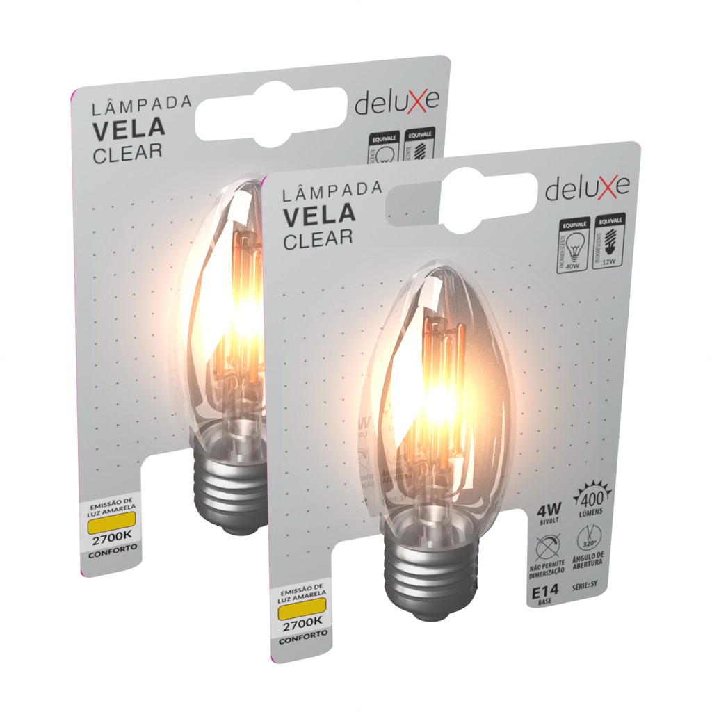 Kit 2 Lâmpadas de Led Vela Filamento Retro Vintage Clear 4W E14 2700k Deluxe Bivolt Luz Branco Quente - Home & Living