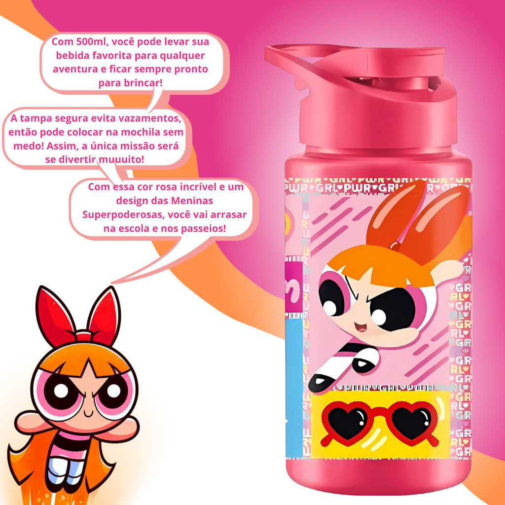 Garrafinha Água Meninas Superpoderosas Infantil 500ml Florzinha  Para Escola Lanche Volta as aulas em Oferta na Shopee