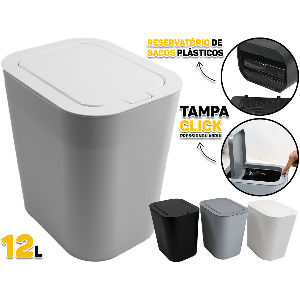 Lixeira 12 Litros Tampa Click Abre Automático E Dispenser Integrado De Sacos De Lixo Banheiro Lavabo Cozinha Escritório