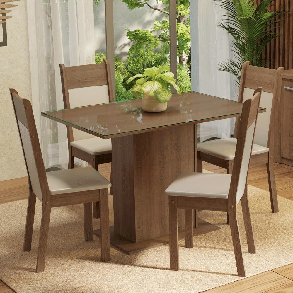 Conjunto Sala de Jantar Mesa Tampo de Vidro 4 Cadeiras Rustic/Crema/Bege Viena Madesa em Oferta na Shopee