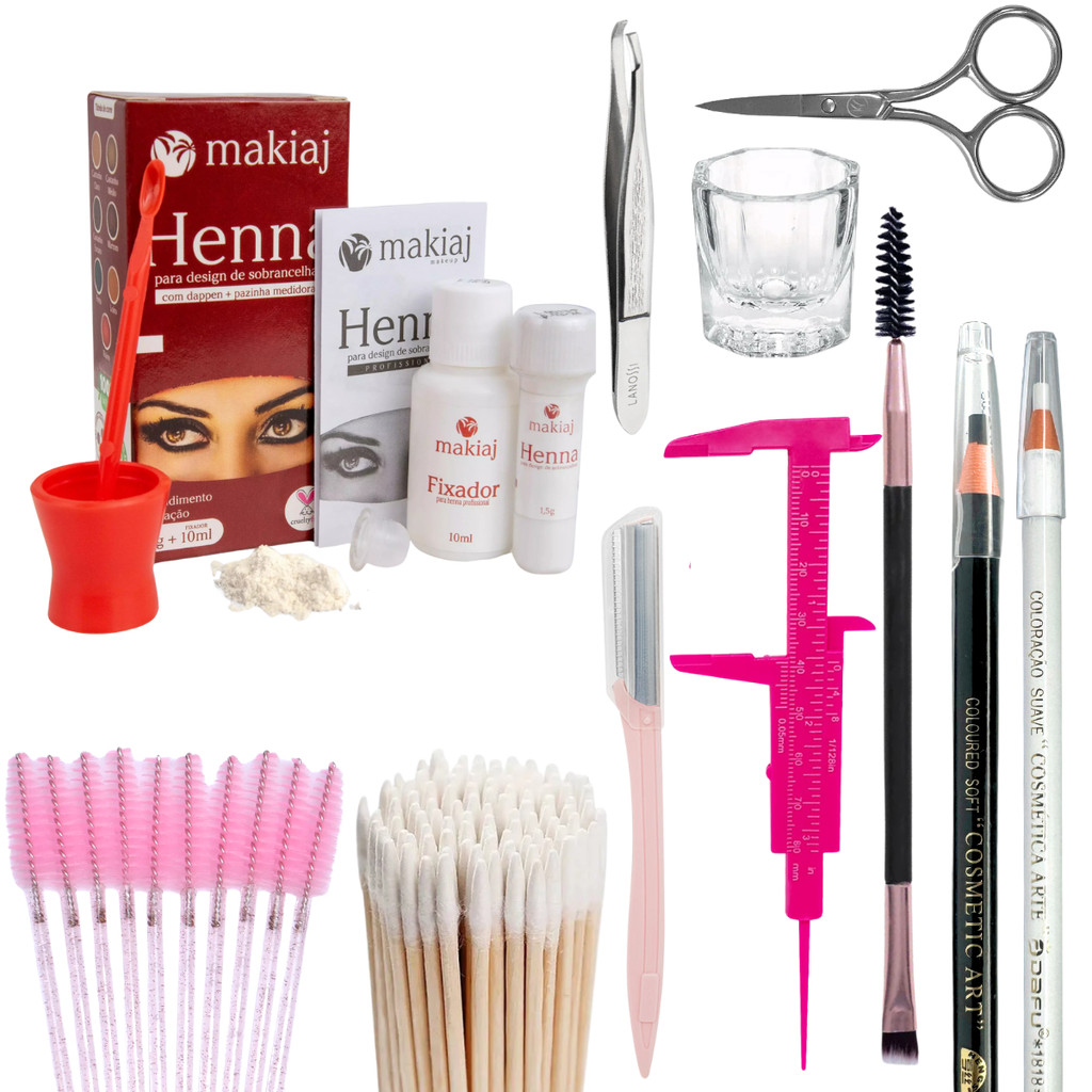 Kit Sobrancelha Henna makiaj+Palito+Navalha+Paquímetro+Tesoura+Pincel+Dappen+Lápis Dermato...