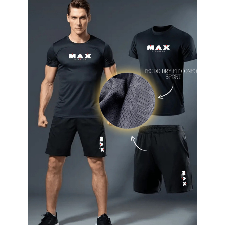KIT Bermuda Elastano + Camisa Dry Fit - Max 01 - Academia Corrida Skate Basquete Short Praia