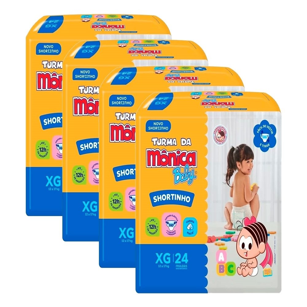 Fralda Descartável Turma da Mônica Shortinho Jumbo Tamanho XG - 4 Pacotes com 24 Fraldas - Total 96 Tiras em Oferta na Shopee