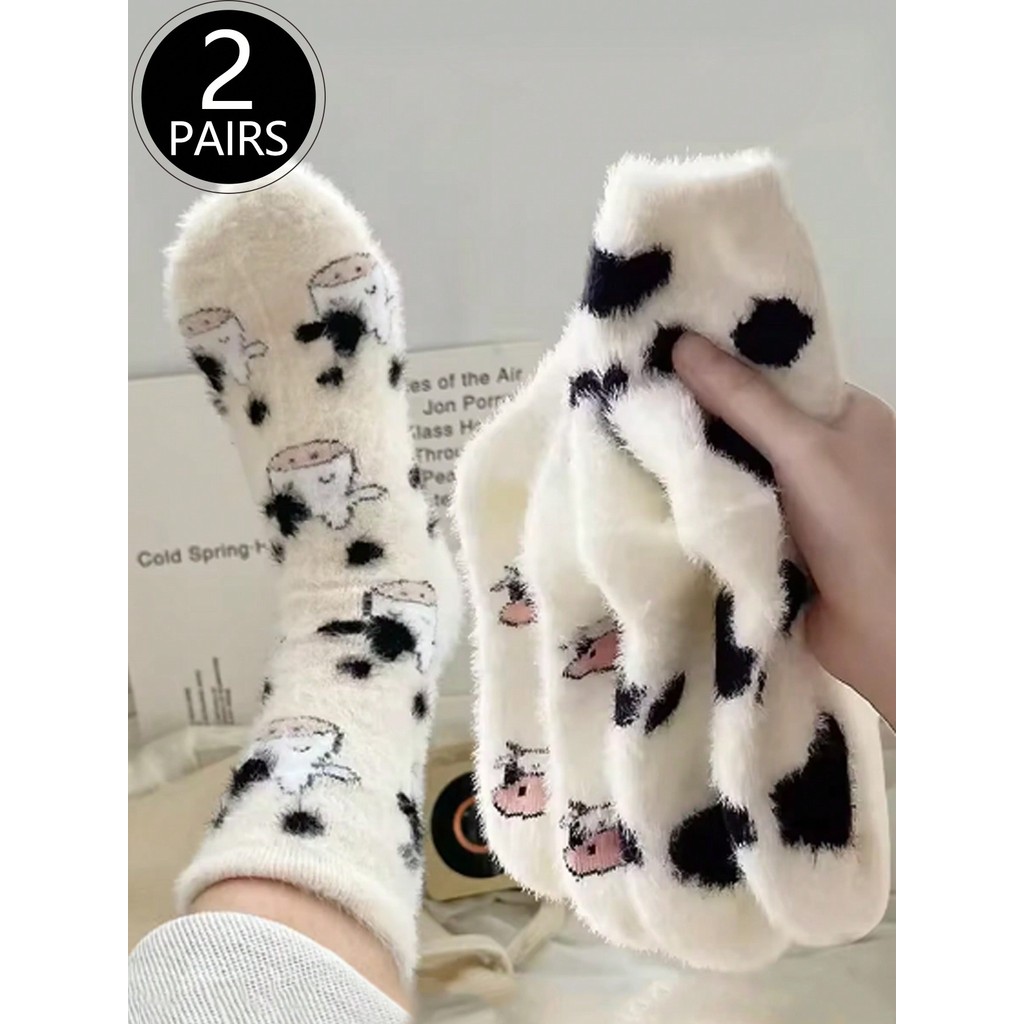 2 Pares de Meias de Pelúcia com Estampa de Vaca, Grossas e Quentes, Meias de Coral Fleece,...