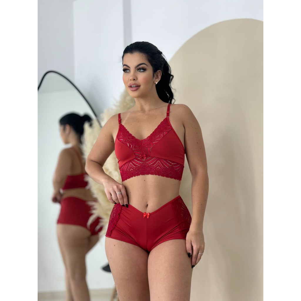 Pijama Baby Doll Sexy Short Doll Feminino Detalhe de Renda Luxo