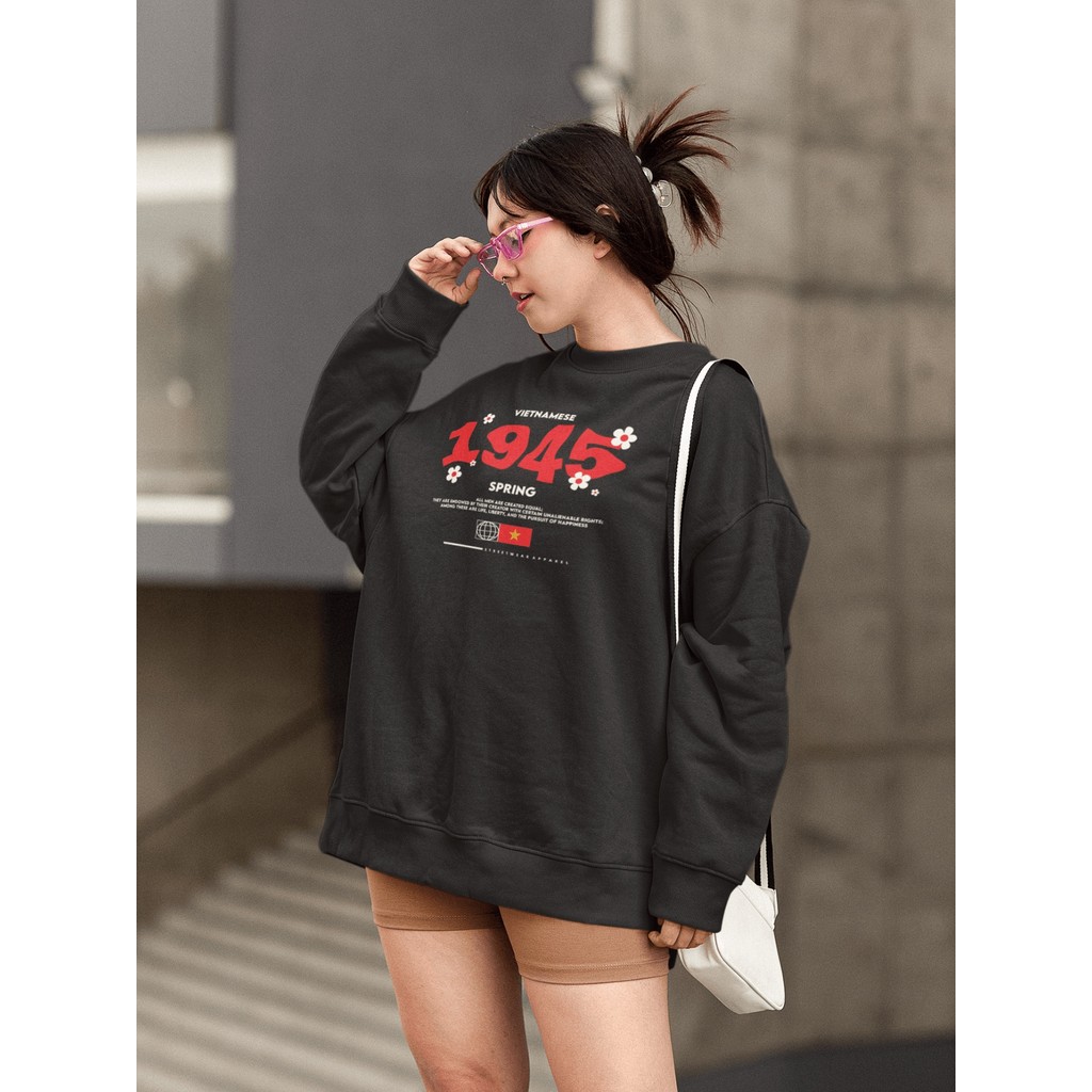 Moletom Blusa de Frio Básico Estiloso Feminino Estampado Gola Redonda Confortável 100% Algodão - Vietnamese 1945 Spring