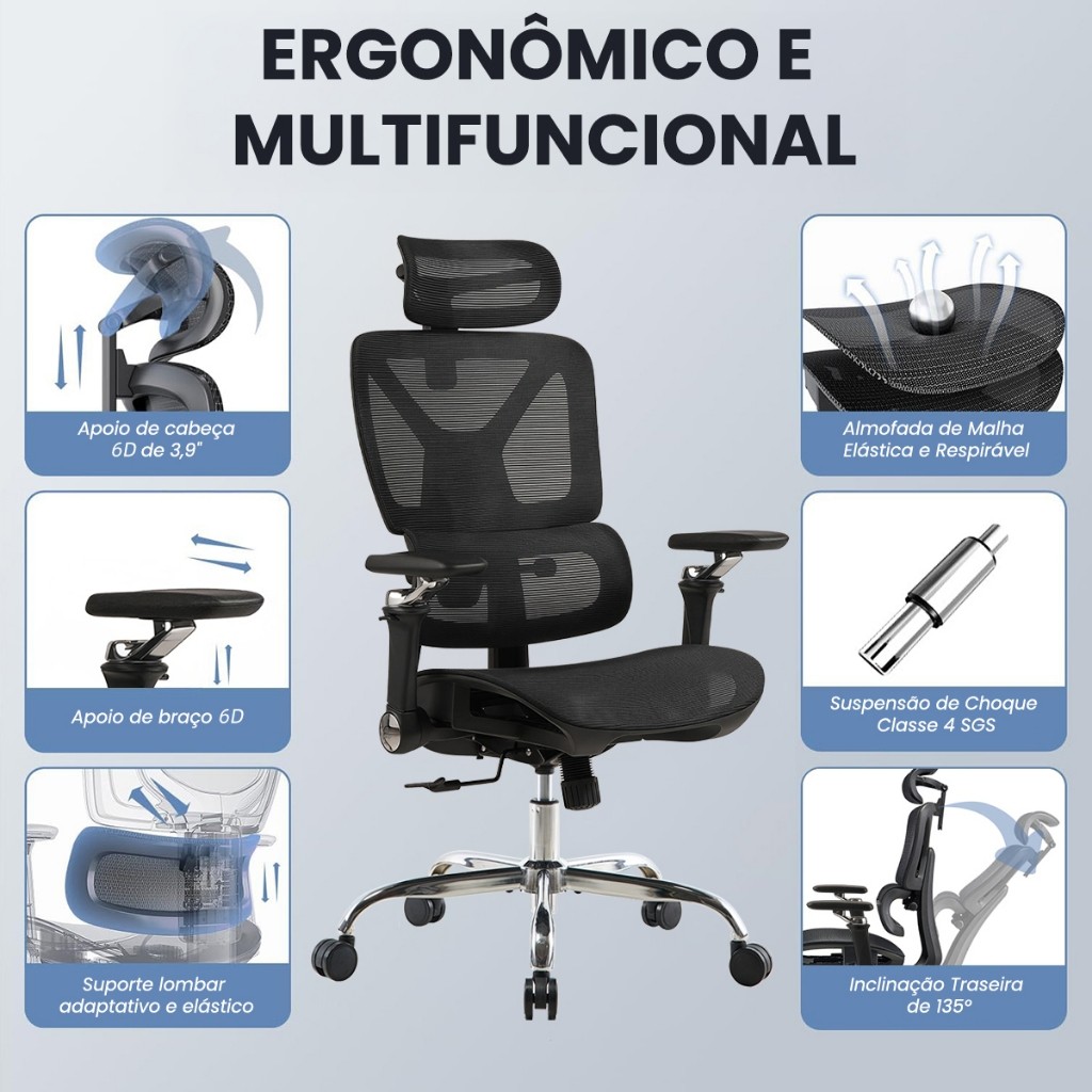 Cadeira Ergonômica Escritório Gamer Estudo Ajustável Apoio Lombar 6D Braço Cromado Conforto Lombar
