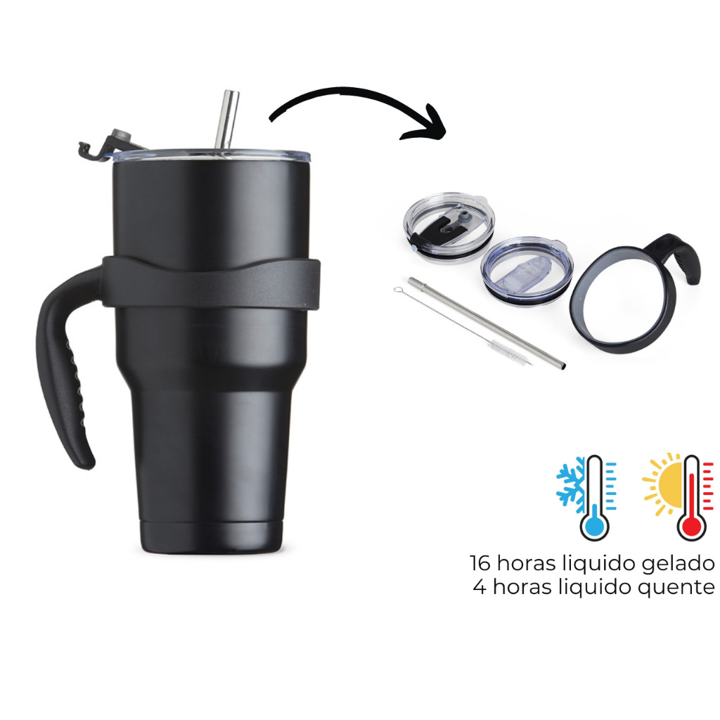 Caneca Térmica Inox copo 800 ml com tampas canudo inox bebida quente gelada gelo acompanha escovinha
