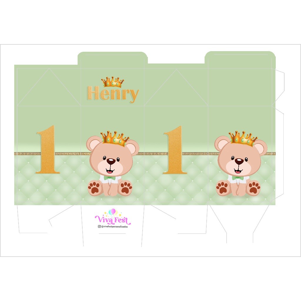 Kit festa criança Pegue Monte Personalizados Ursinho Príncipe Verde - Escolha de 20 a 60 Caixinhas Ursinho Principe