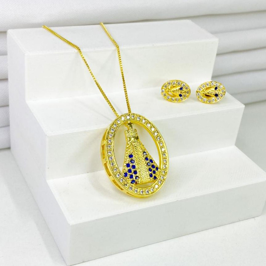 Conjunto Colar  e Brinco Gargantilha de Nossa Senhora Aparecida Feminina Banhado Folheado A Ouro 18k