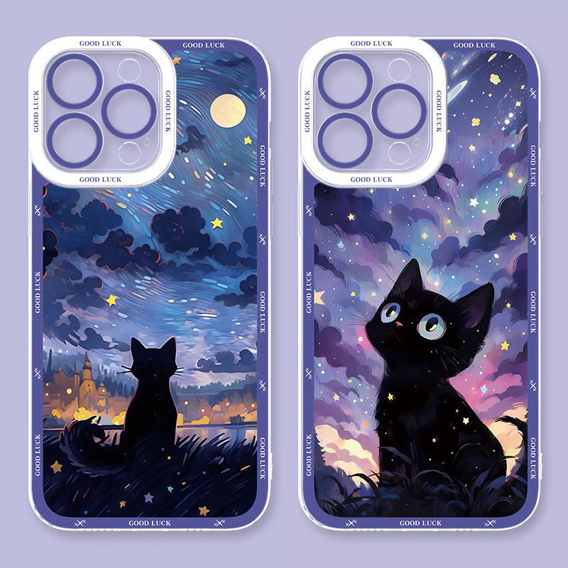 Céu Estrelado Gato Preto Caso Para Samsung S25 S24 S23 Ultra S22 S21 Plus S20 S23 FE A73 A72 A02S A03S Nota 20 Silicone