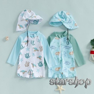 Starshop-Kids Meninos Verão Roupa De Banho Casual Dinossauro/Mar Criatura Impressão Zíper Rash Guard Maiô E Chapéu Beach em Oferta na Shopee