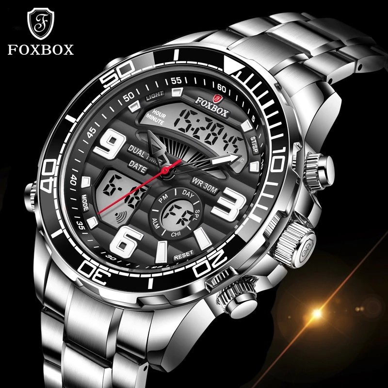 FOXBOX Original Relógio Masculino Moda Esporte LED Digital Display Duplo À Prova Dwaterproof Água Calendário Luminoso Da