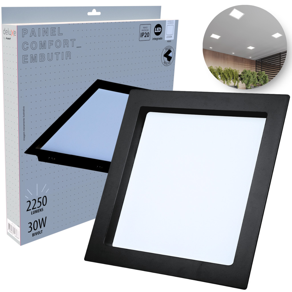 Painel Led Recuado 30w Quadrado 6500k Comfort Branco Frio 34cm 110V/220V Bivolt Preto Fosco Cód: 908271377 - Deluxe em Oferta na Shopee
