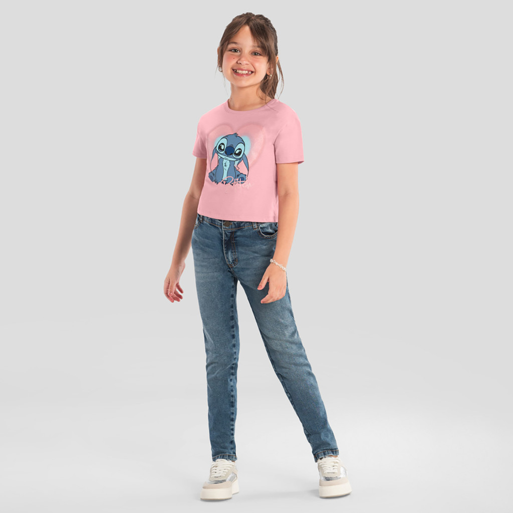 Blusa infantil menina Stitch com glitter Rosa Brandili - Baby & Kids Fashion
