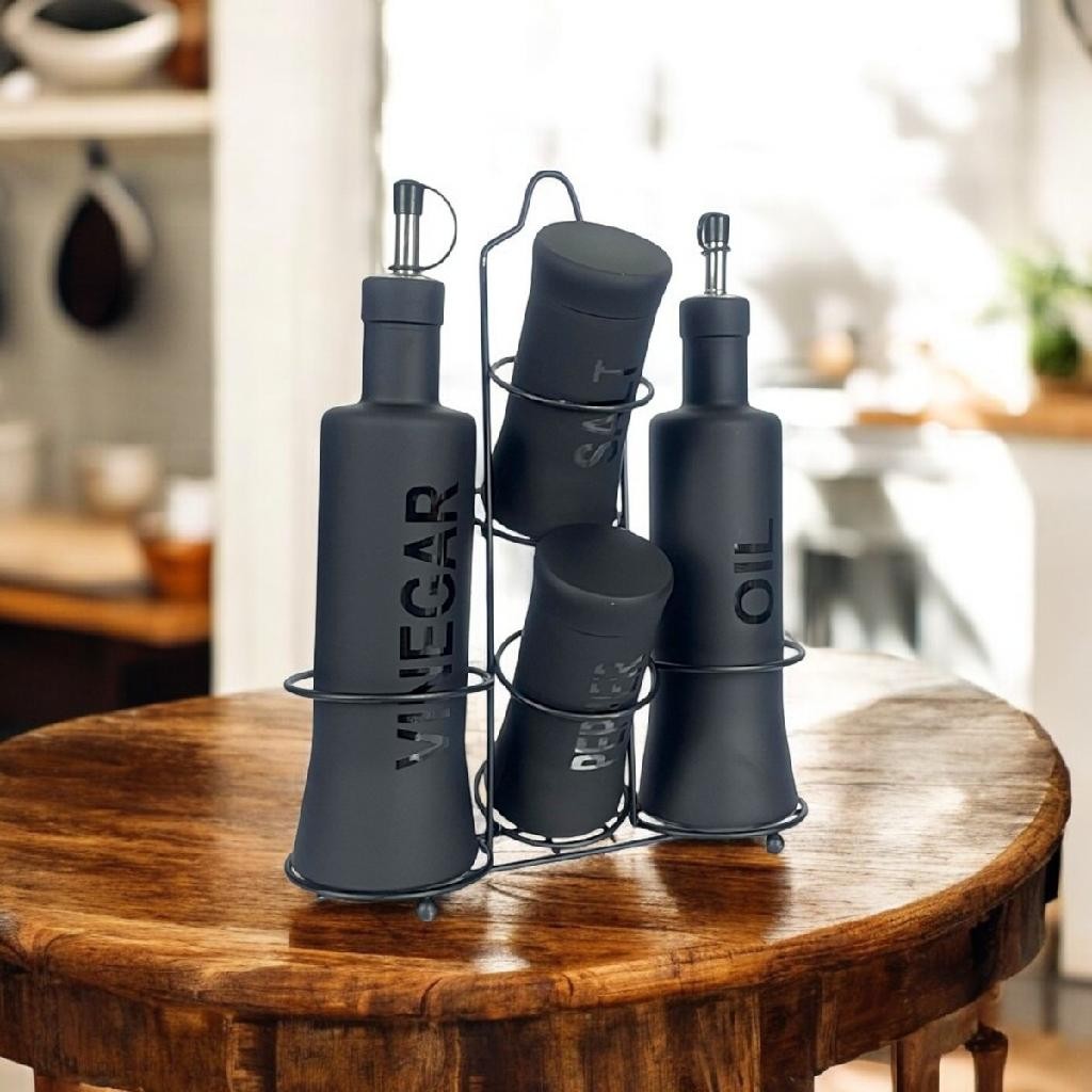 Galheteiro Nero De Vidro Com Suporte Porta Condimentos 5 Pçs