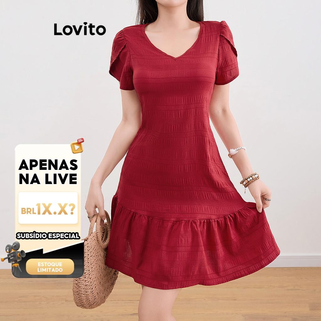 (LIVE STREAM SALE) Lovito Vestido Boho Plain Ruffle Hem Plicated para mulheres L109MD105 - Women Clothes