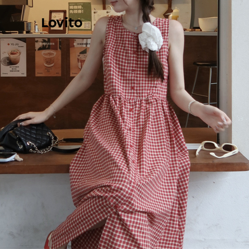 (Casual) Lovito Vestido xadrez colorido com botões para mulheres LNE77572 · foto 2