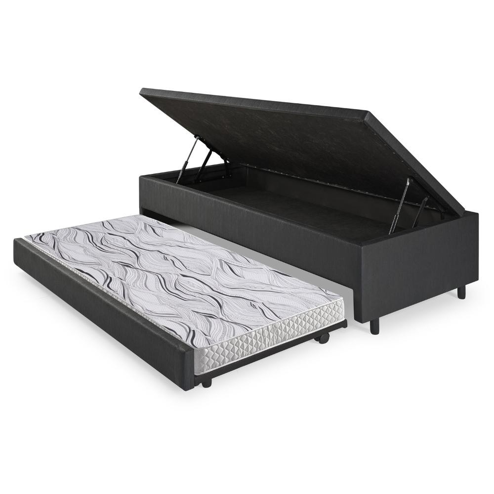 Bicama Box Com Baú Solteirão 96x203 com Colchão Auxiliar Courino Linho Preto