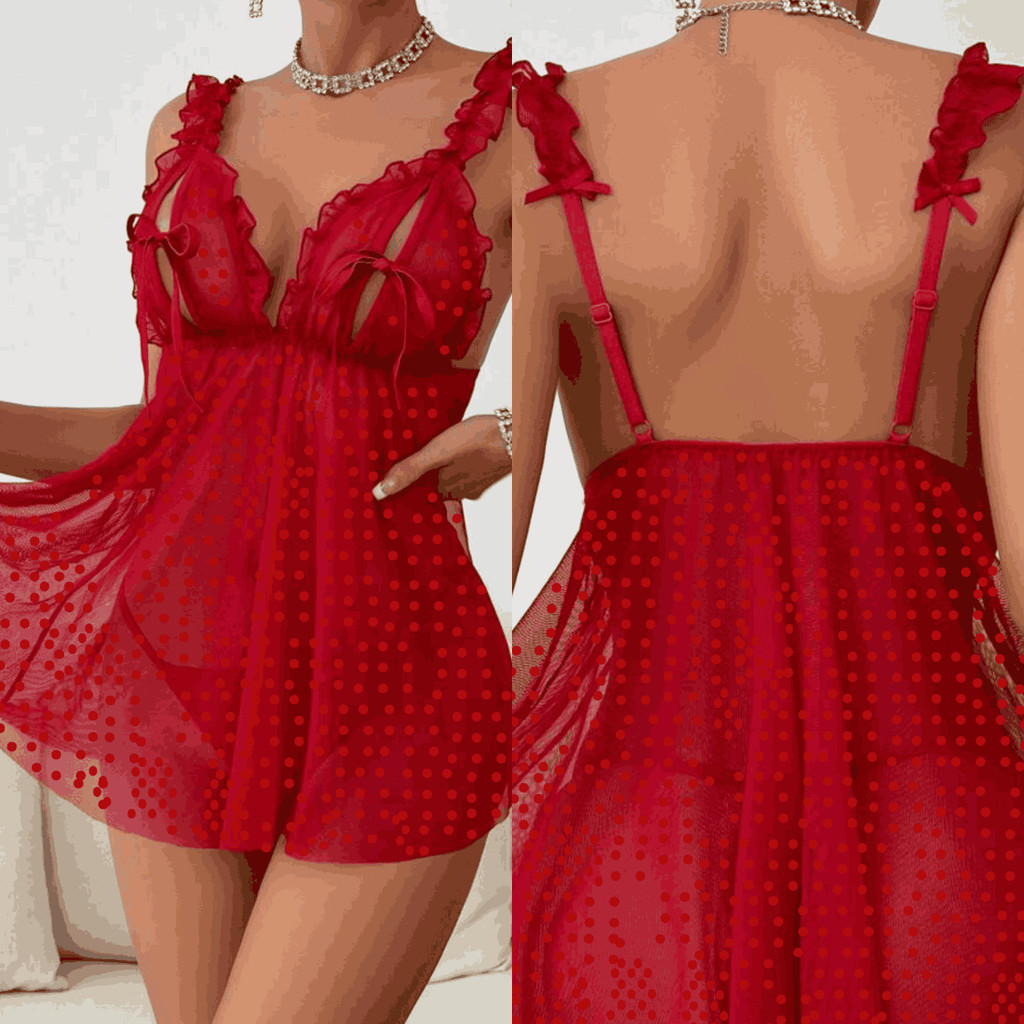 Camisola Sexy Feminina Tule Poá Sensual poá e calcinha lingerie Linda