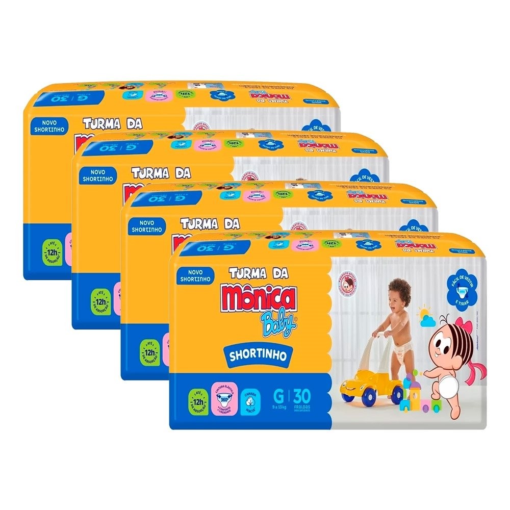 Fralda Descartável Turma da Mônica Shortinho Jumbo Tamanho G - 4 Pacotes com 30 Fraldas - Total 120 Tiras - Mom & Baby