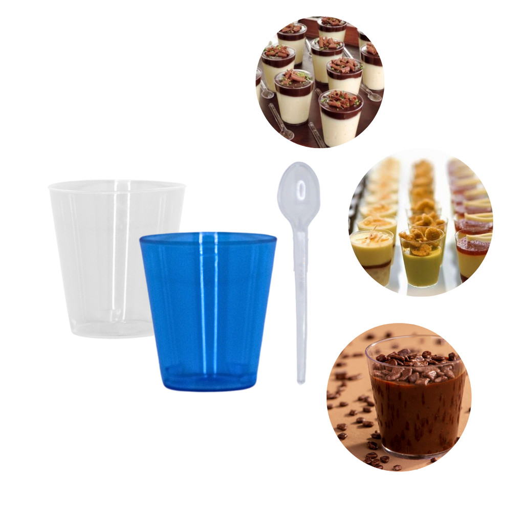 Kit 100 Copinhos 25ml Brigadeiro Transparente e Azul + 100 Colherezinhas em Oferta na Shopee
