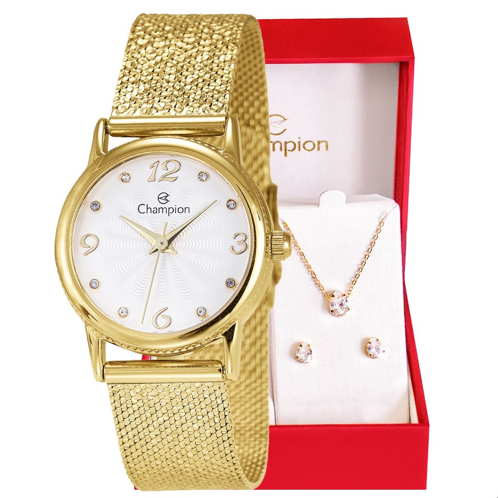 Relógio Feminino Champion Texturizado Mini Dourado CF24091H + Colar e Brincos em Oferta na Shopee