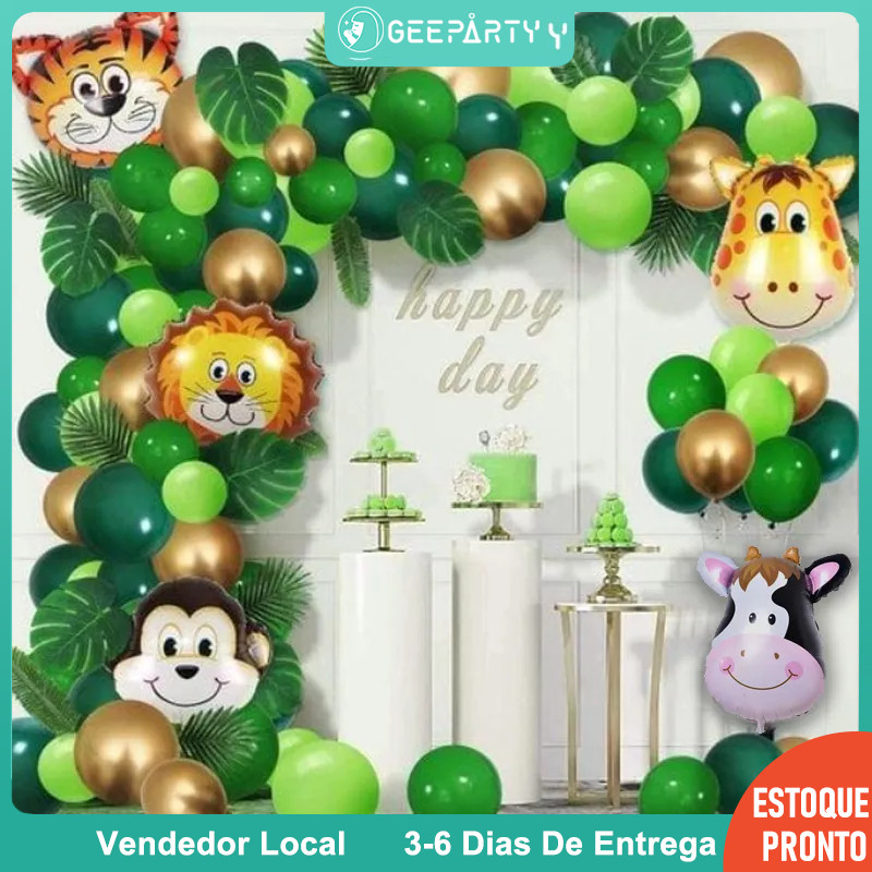 GeeParty Kit 134 Peças - Guirlanda Balões Animais Safari Selva para Decoração Festa Infantil