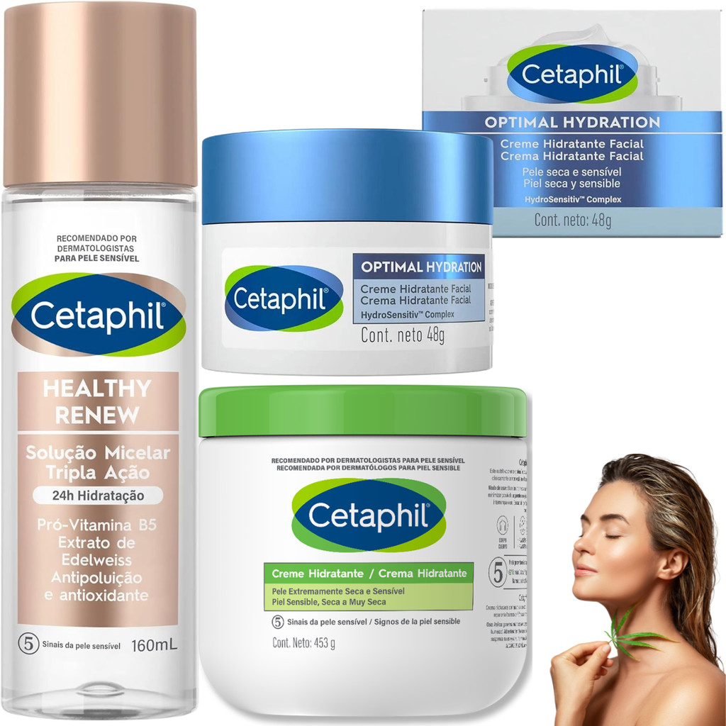 Kit Cetaphil Creme Hidratante Facial Corpo Optimal Healthy Água Micelar Super Hidratação