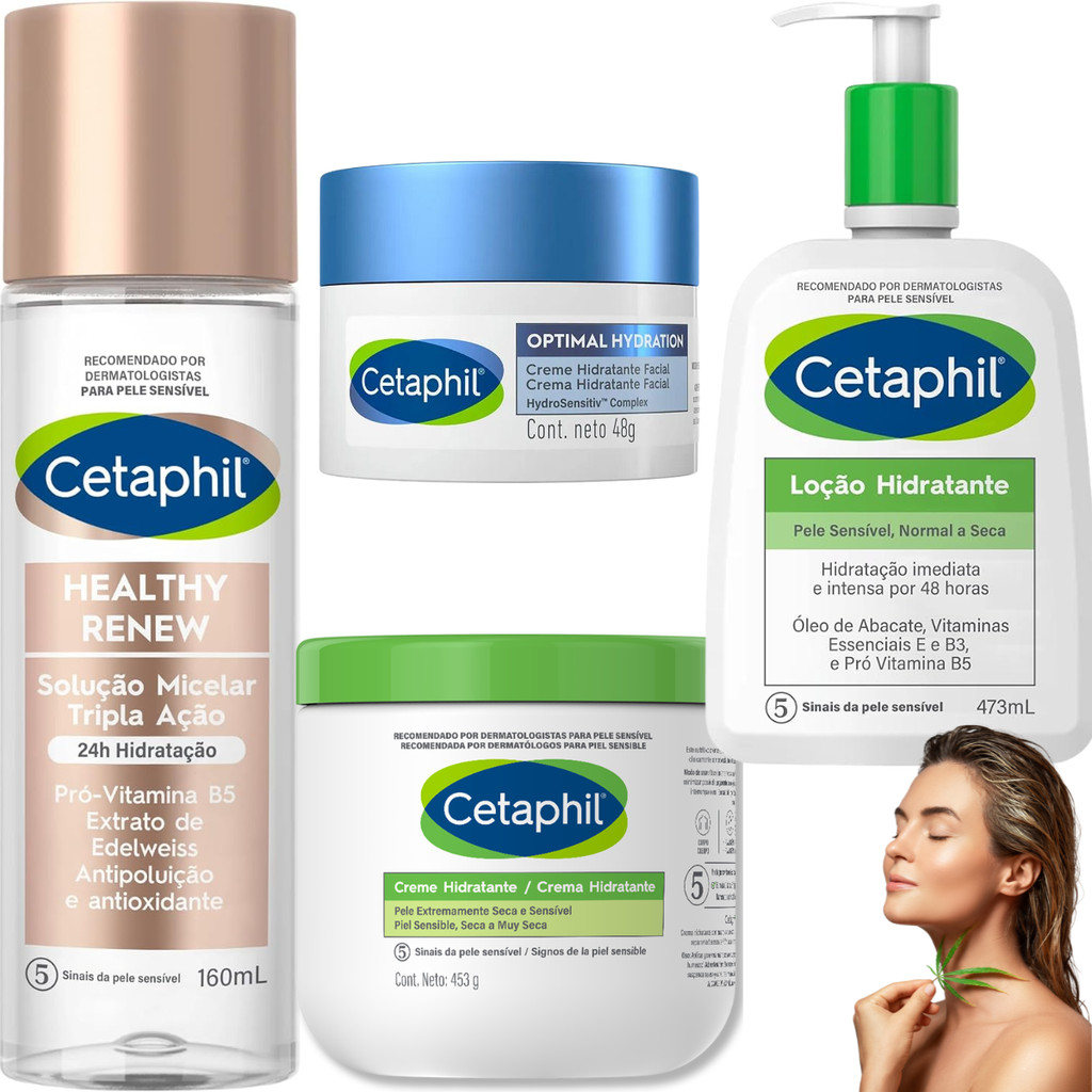 Kit Cetaphil Loção Creme Hidratante Corporal e Facial Optimal Hydration Pele Sensivel Água Micelar