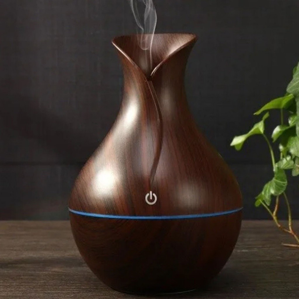 Umidificador Design de Vaso Aromatizador Silencioso textura de Madeira Recarregável com LED YIHAN