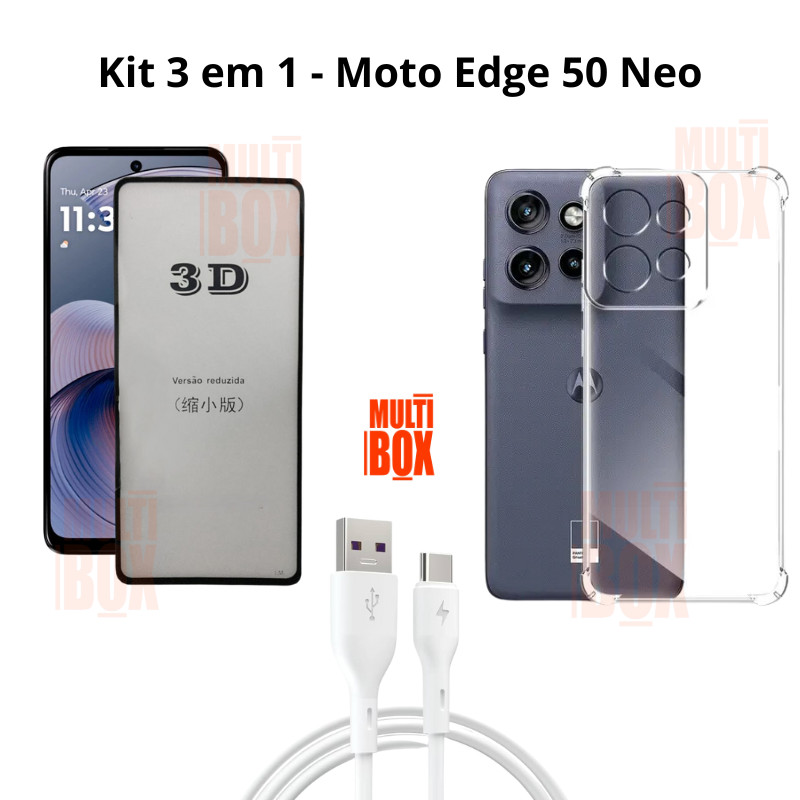 Kit Cabo Carregador Tipo C + Capa Anti Choque + Película de Vidro 3D para Motorola NOVO Moto Edge 50 Neo  5G