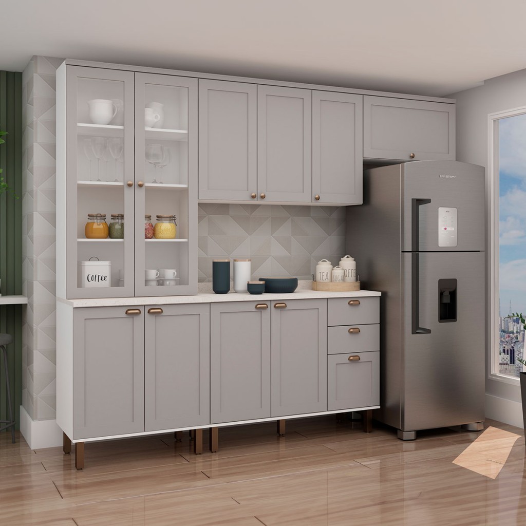 Cozinha Completa Iluminata 10 Portas 3 Gavetas 100% Mdf com Vidro Branco/Fendi/Mineral - Genialflex em Oferta na Shopee