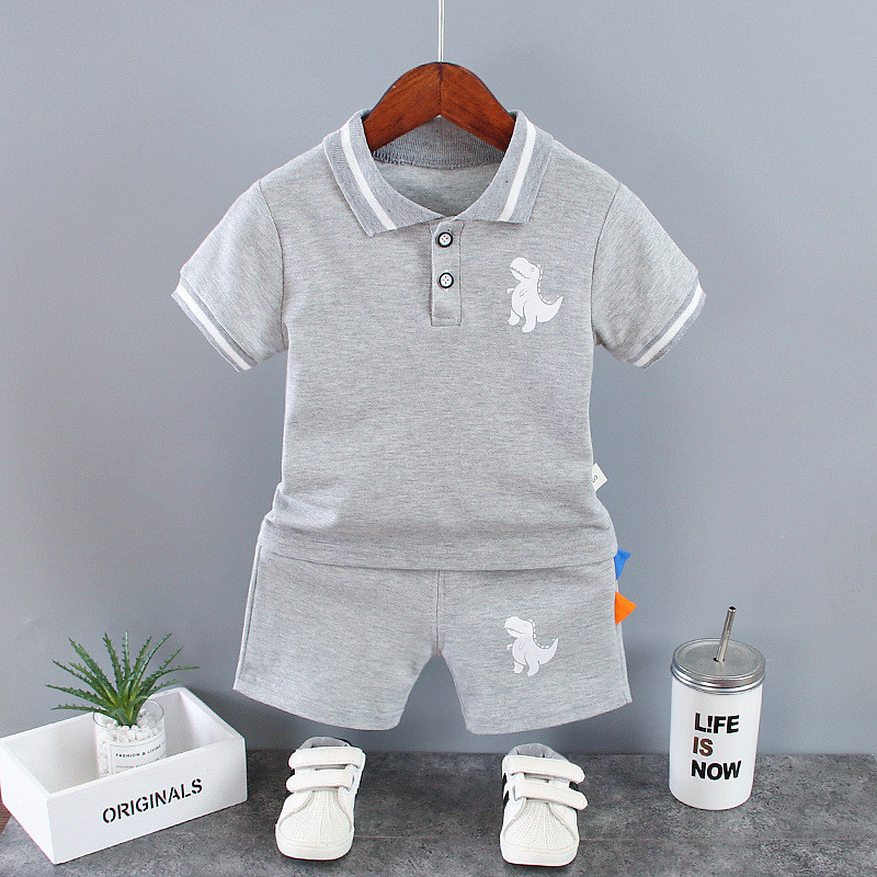 Conjunto infantil de manga curta, camiseta de gola e shorts, 2 peças, roupas esportivas casuais para menino