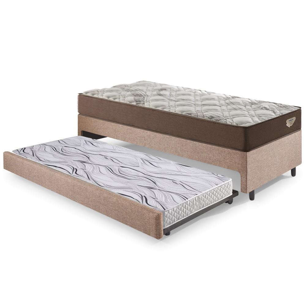 Bicama Box Solteiro Linho Marrom 88x188x28 cm com Colchão Relax Adorabile Molas Ensacadas e Colchão Auxiliar Ecoflex