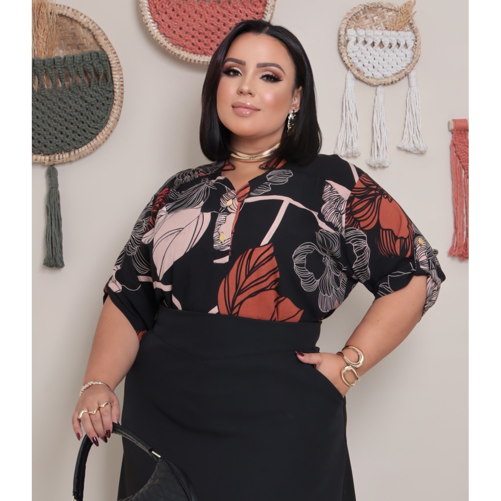 camisa feminina plus size manga 3/4 viscolinho estampado
