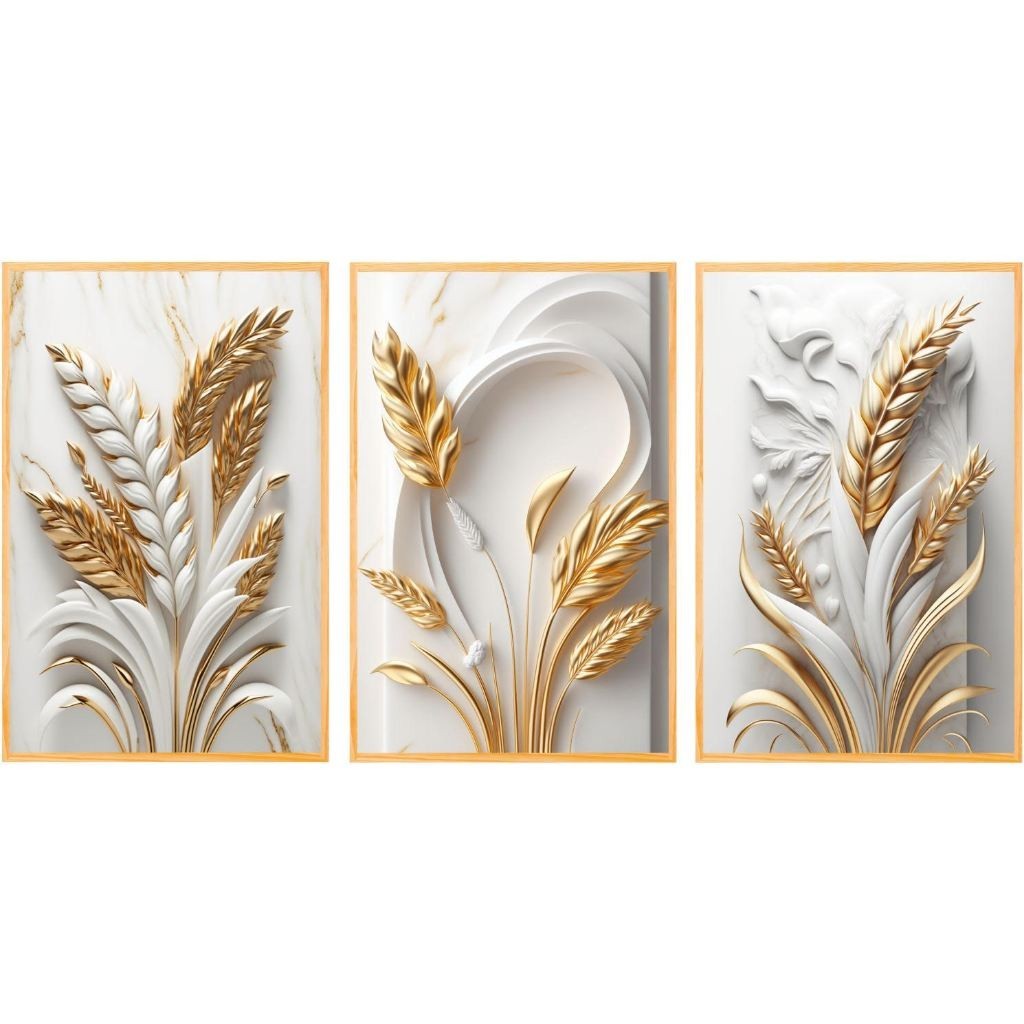 Quadro  Decorativo quartos e salas campo de trigo dourado gold 3 peças Decoração elegante Lançamento Exclusivo