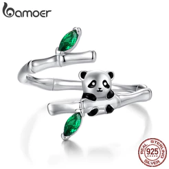 Bamoer 925 Sterling Sliver Anel Aberto Ajustável Bonito Panda Joias De Bambu Presentes Para Mulheres