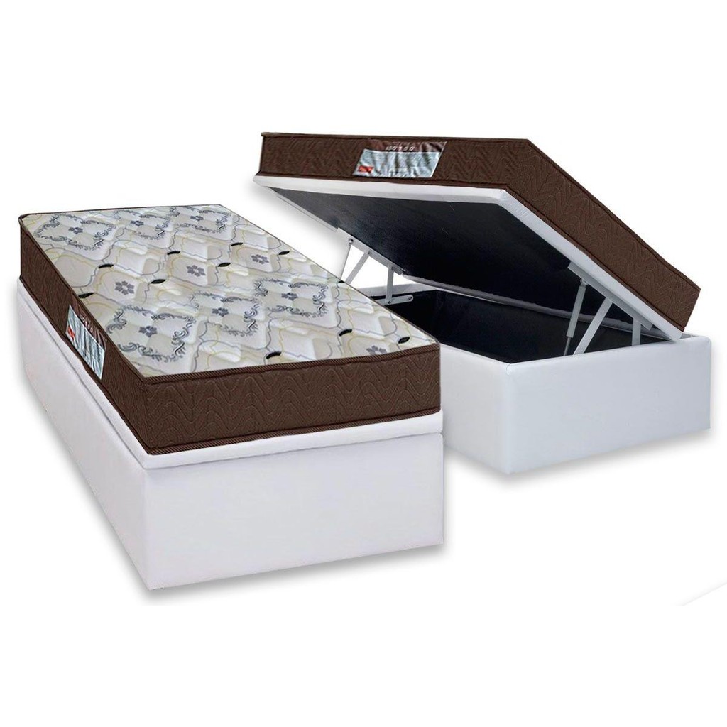 Cama Box Baú Solteiro: Colchão Anatômico Ortobom D45 / ISO 150 Mega Firme + Base CRC Courano White(88x188) em Oferta na Shopee