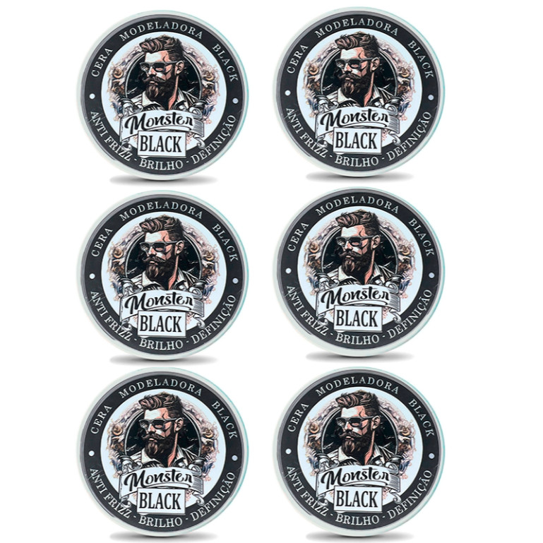 6 cera Modeladora Preta Pigmentada Fixação 120g monster barber escurecedora de barba bigode e cabelo
