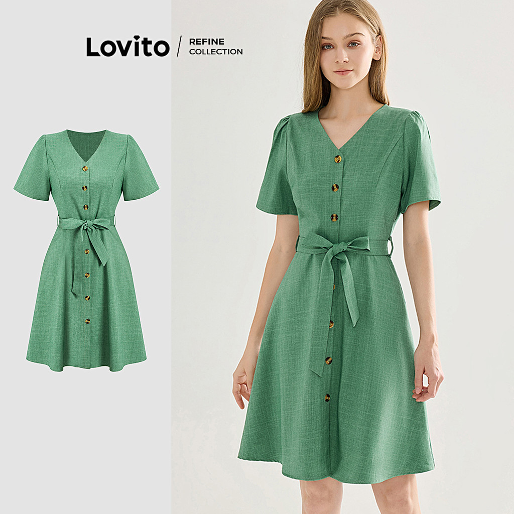 (Lovito Refine) Vestido Casual Com Botão Frontal E Cadarço Vestido De Verão/Primavera Para Mulheres L119BR056 - Women Clothes