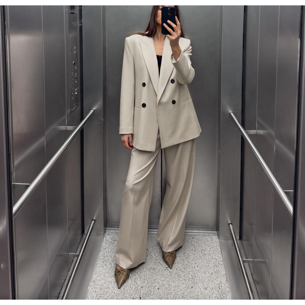 Za Primavera Outono Novo Estilo Blazer Feminino Trespassado com Almofadas de Ombro2129095 Calças largas plissadas2125095