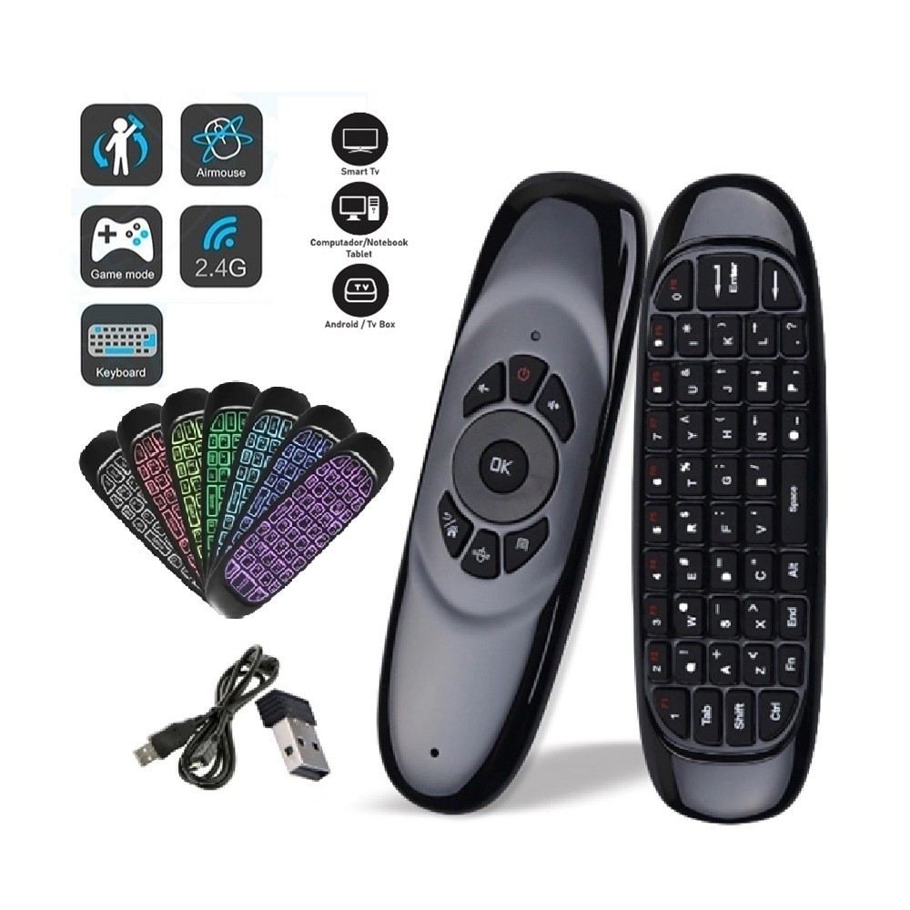 Mini Controle sem fio com Teclado Air Mouse S/fio 2.4 GHZ Wireles Com Luz Universal USB Smart BOX PC